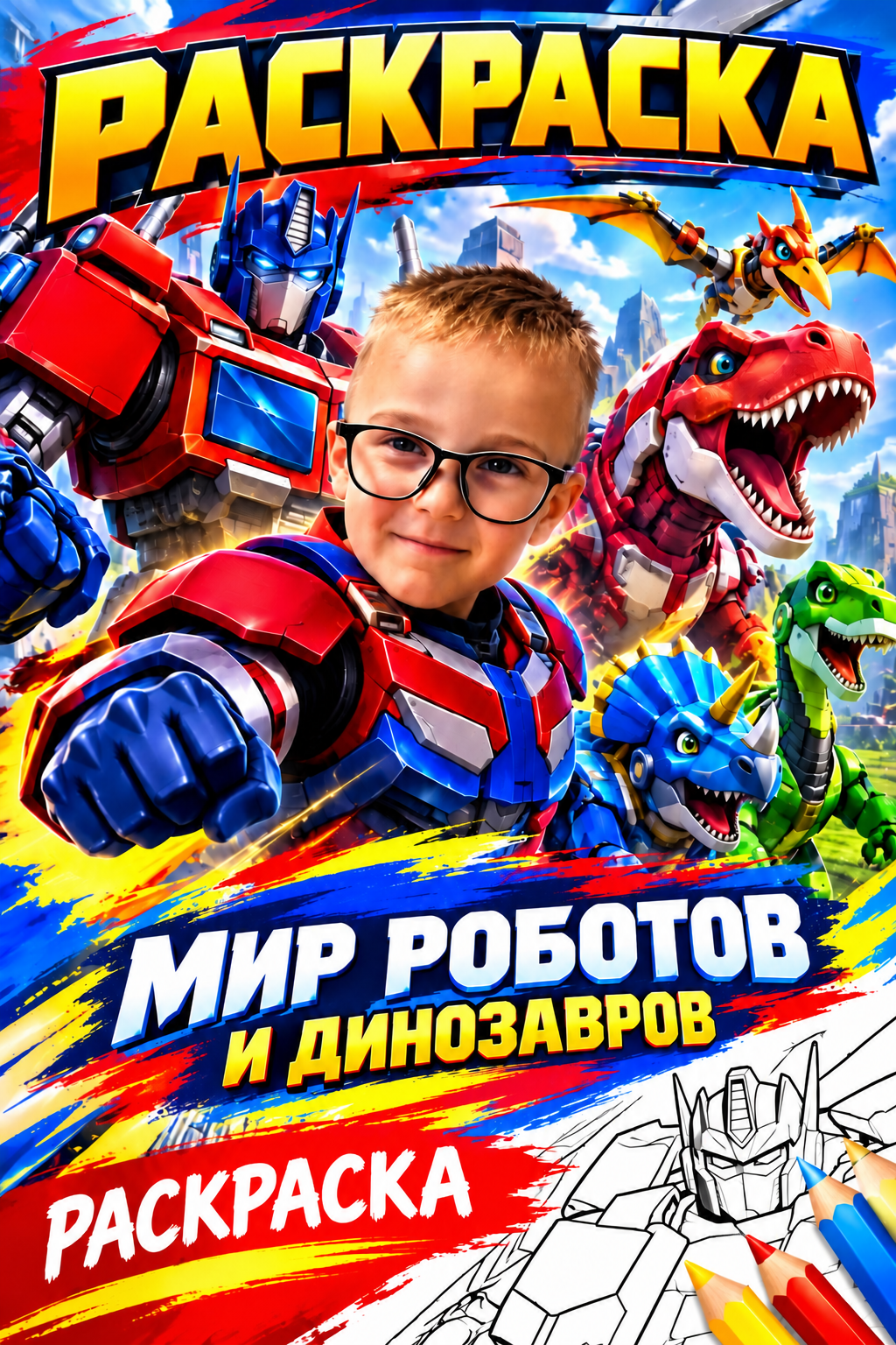 Обложка с роботами и динозаврами после удаления названий и эмблем